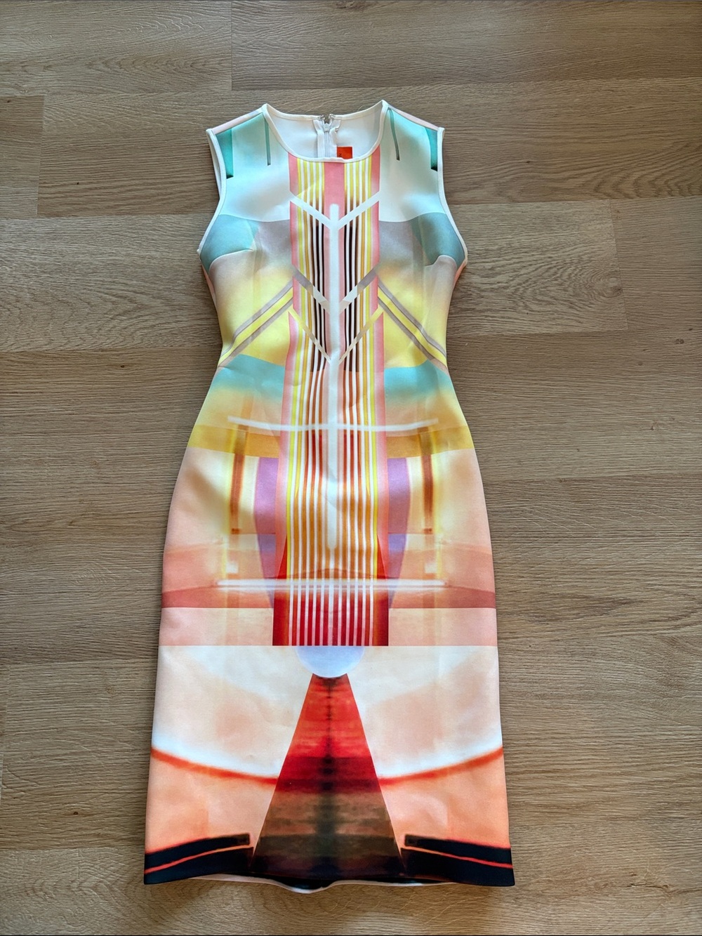Sleeveless Multicolor Midi Sheath Dress - Pastel Geo Print
